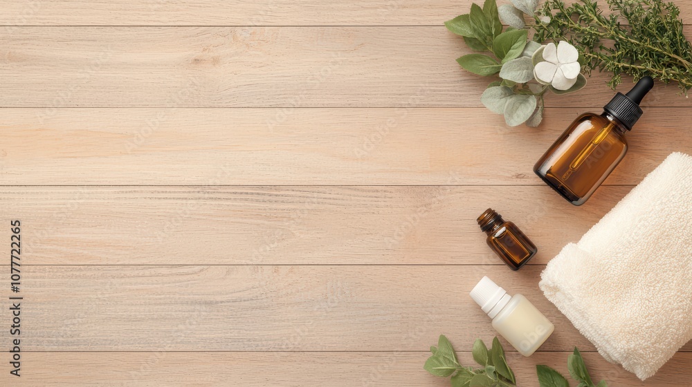 A serene flat lay featuring essential oils, herbal elements, and a soft towel, perfect for wellness and relaxation themes. A serene flat lay featuring essential oils, herbal elements, and a soft towel, perfect for wellness and relaxation themes.