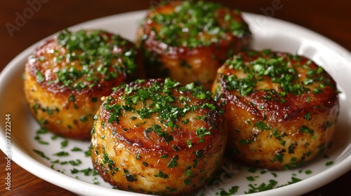 Close-up of five golden brown seared scallops on a white plate with fresh parsley sprinkled on top.