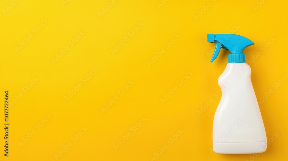 A white spray bottle with a blue nozzle rests against a bright yellow background, ideal for cleaning products or household supplies. A white spray bottle with a blue nozzle rests against a bright yellow background, ideal for cleaning products or household supplies.