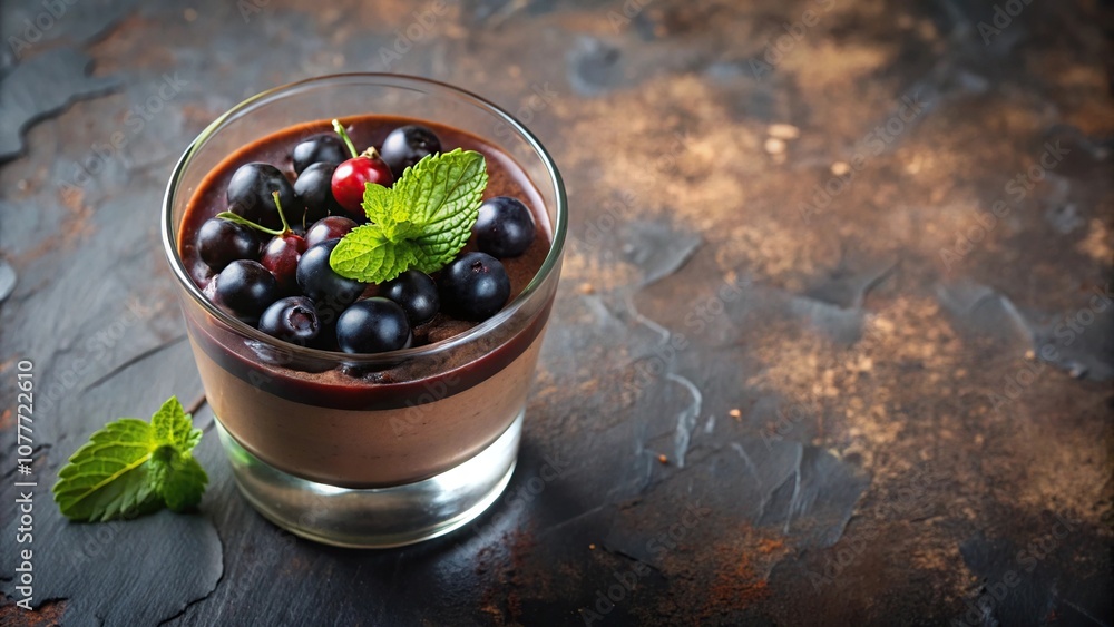 dessert in glass with black currant and chocolate dessert in glass with black currant and chocolate