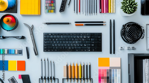 Flat lay of a designer's workspace with a keyboard, pencils, paint swatches, and other supplies.