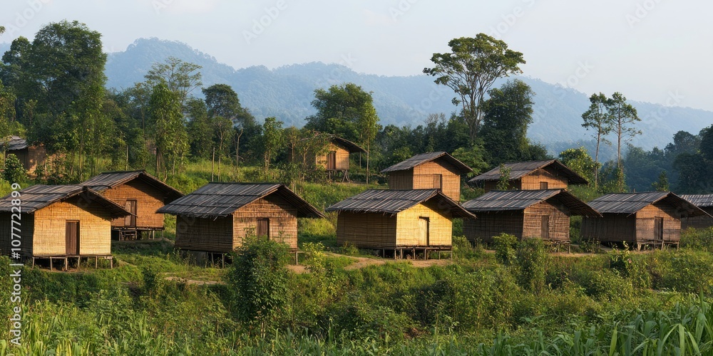 Scenic view of wooden huts nestled in lush greenery with mountains in the background. Scenic view of wooden huts nestled in lush greenery with mountains in the background.