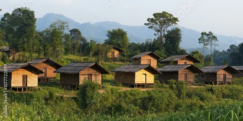 Scenic view of wooden huts nestled in lush greenery with mountains in the background.