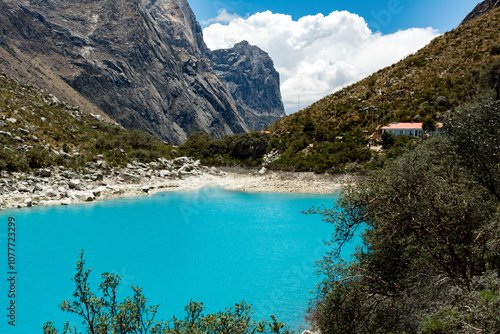 Beautiful turquoise lagoon in the Peruvian Andes called Laguna Paron