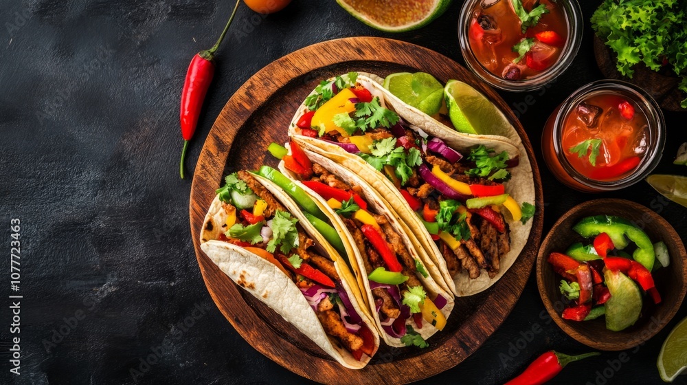 A traditional Mexican taco plate with fresh toppings, sizzling fajitas, and margaritas in a festive restaurant setting A traditional Mexican taco plate with fresh toppings, sizzling fajitas, and margaritas in a festive restaurant setting