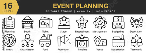 Event Planning icon set. Editable Stroke Icon Collection. Includes booth, budgeting, decoration, entertainment, and More. Outline icons vector collection.