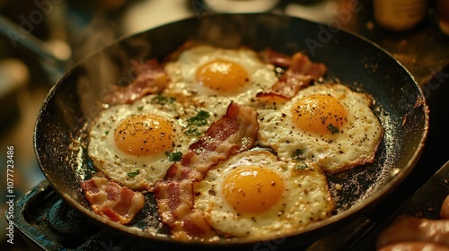 Close-up of fried eggs and bacon in a pan.