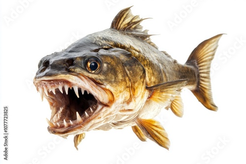 Close-up of a largemouth bass with its mouth open showing sharp teeth, isolated on a white background. photo