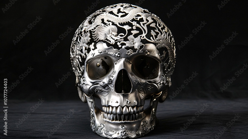 Haunting monochrome skull sculpture silhouetted against a dark moody background with contrasting textures and abstract patterns Evokes a sense of mystery the occult and the supernatural Haunting monochrome skull sculpture silhouetted against a dark moody background with contrasting textures and abstract patterns Evokes a sense of mystery the occult and the supernatural
