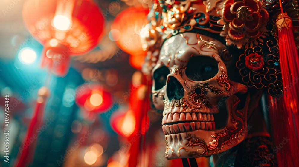 Ornate skull on an altar with vibrant red and orange flowers lit candles and other mystical elements for a Day of the Dead or Dia de los Muertos The moody Ornate skull on an altar with vibrant red and orange flowers lit candles and other mystical elements for a Day of the Dead or Dia de los Muertos The moody