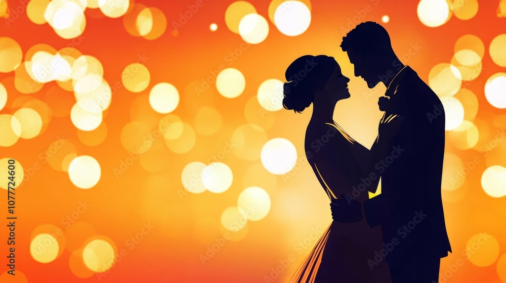 A romantic silhouette of a couple in love against a warm, bokeh background. A romantic silhouette of a couple in love against a warm, bokeh background.