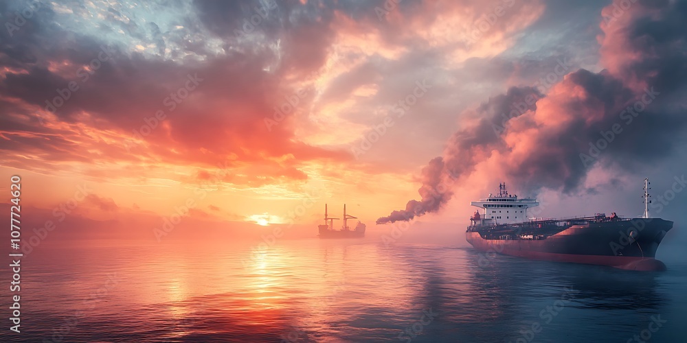 Dramatic Sunset with Ships on the Ocean Dramatic Sunset with Ships on the Ocean