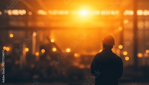 A silhouette of a person in a hard hat gazes at a glowing sunset in an industrial setting, evoking a sense of contemplation and resilience.