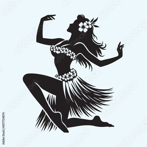 Beautiful Hawaiian young woman dancing vector  illustration, Beautiful Hawaiian young woman dancing silhouette vector black and white full body