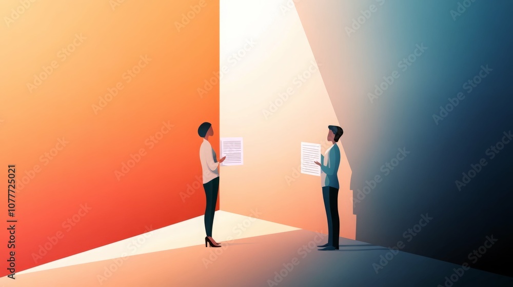 Obraz premium Two business people review documents in a brightly lit room.