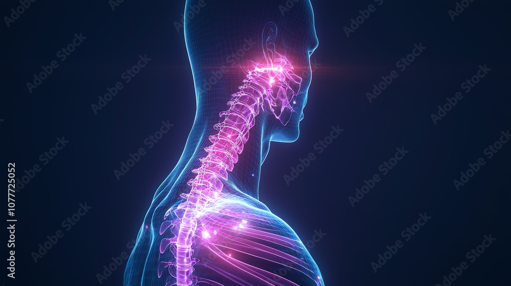 Dynamic illustration of human spine and neck, showcasing healing journey with vibrant colors and glowing effects, emphasizing anatomy and wellness Dynamic illustration of human spine and neck, showcasing healing journey with vibrant colors and glowing effects, emphasizing anatomy and wellness