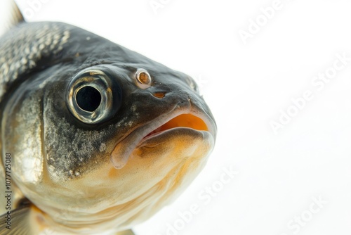 Close-up portrait of a fish with a white background. photo