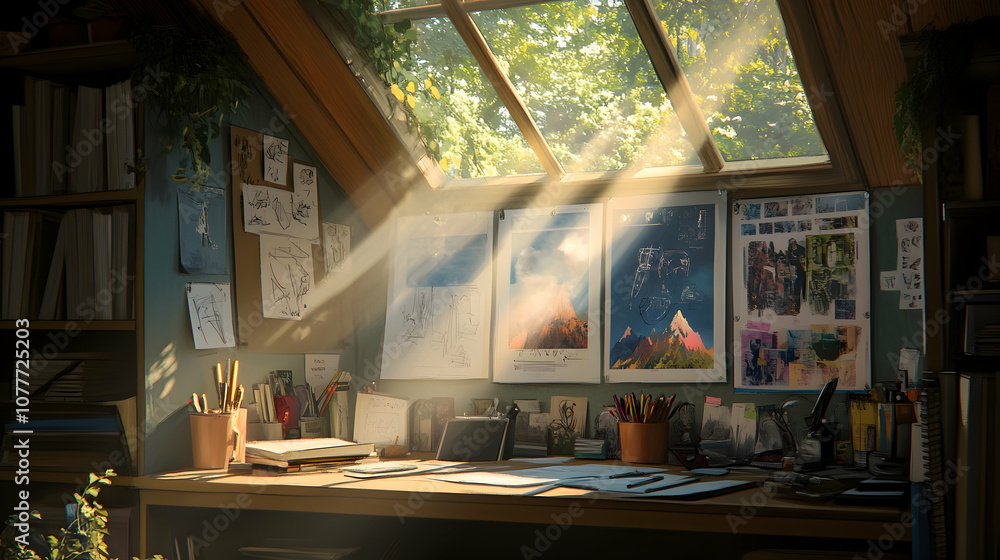 Sunbeams illuminate a cluttered, cozy attic workspace. Sunbeams illuminate a cluttered, cozy attic workspace.