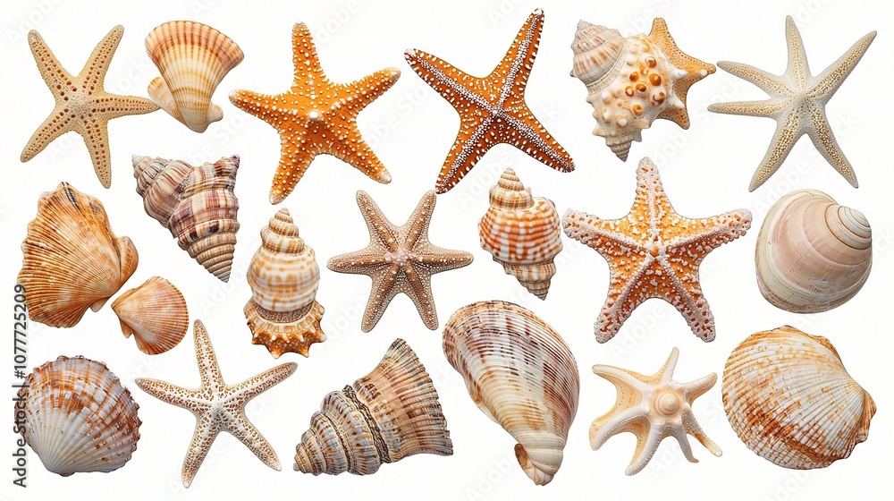 Isolated Collection of Starfish and Seashells Displayed on a Clean White Background for Creative Art and Design Uses Isolated Collection of Starfish and Seashells Displayed on a Clean White Background for Creative Art and Design Uses