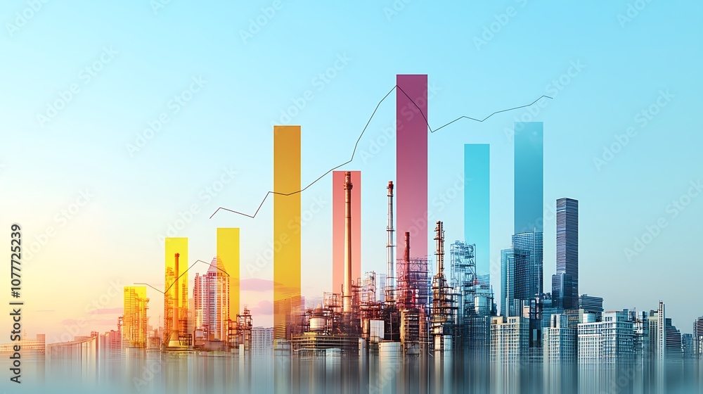 Fototapeta premium A city skyline with a yellow bar on the left and a red bar on the right