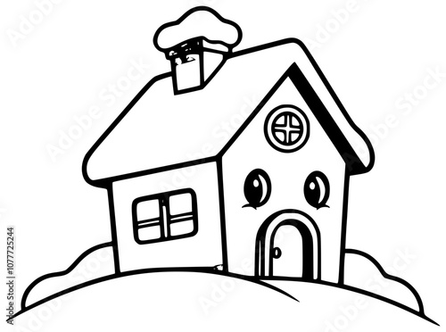 Black bold outline of a house in winter season on a white background