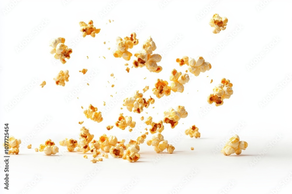 Flying popcorn pieces create a fun and dynamic visual on a white background.