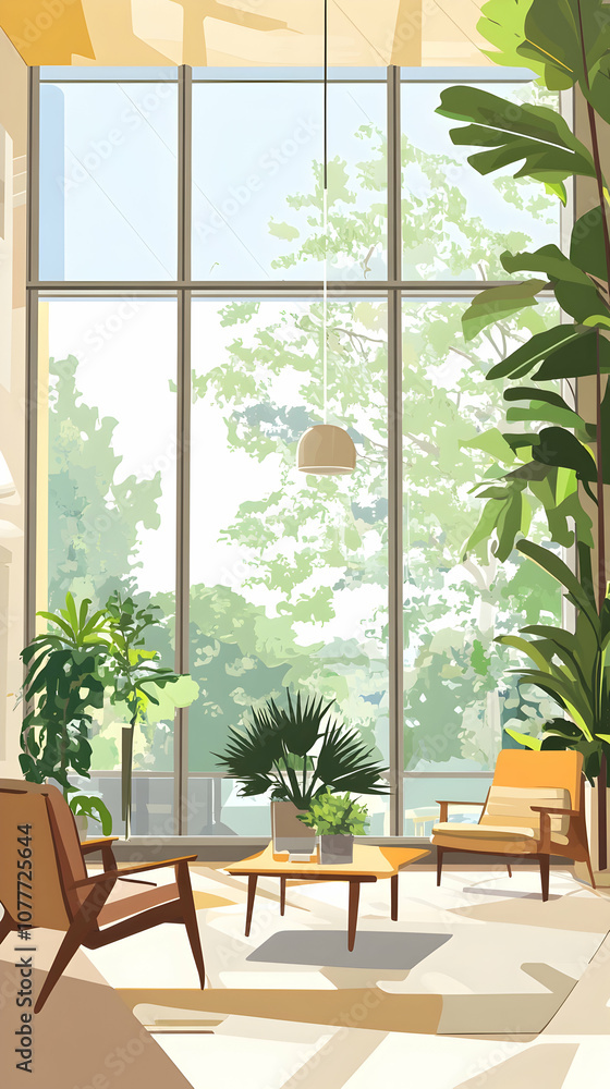 A cozy living room with large windows, comfortable chairs, plants, and a coffee table.