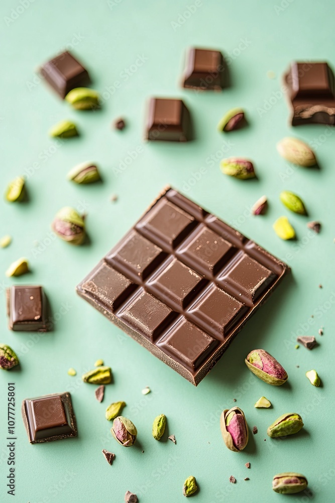 studio photography, an ordinary chocolate bar levitating and pistachios around it, ad style light green background .generative ai studio photography, an ordinary chocolate bar levitating and pistachios around it, ad style light green background .generative ai