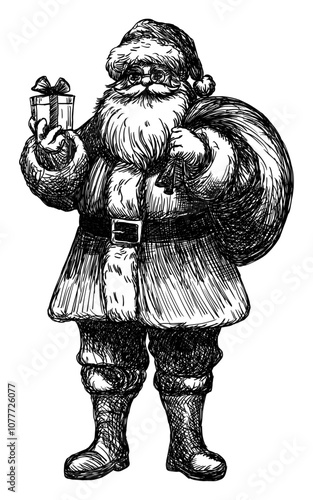 Santa Claus isolated traditional outfit holding Christmas gift large sack retro vintage hand drawn sketch holiday card design element