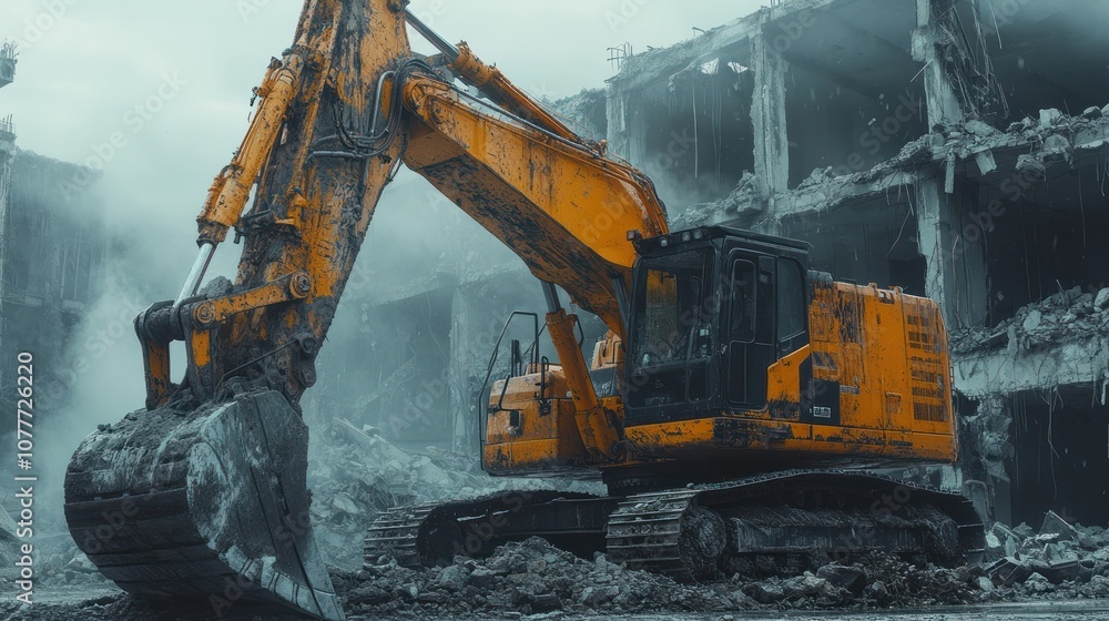 Excavator demolishing a building, creating a cloud of dust. Excavator demolishing a building, creating a cloud of dust.
