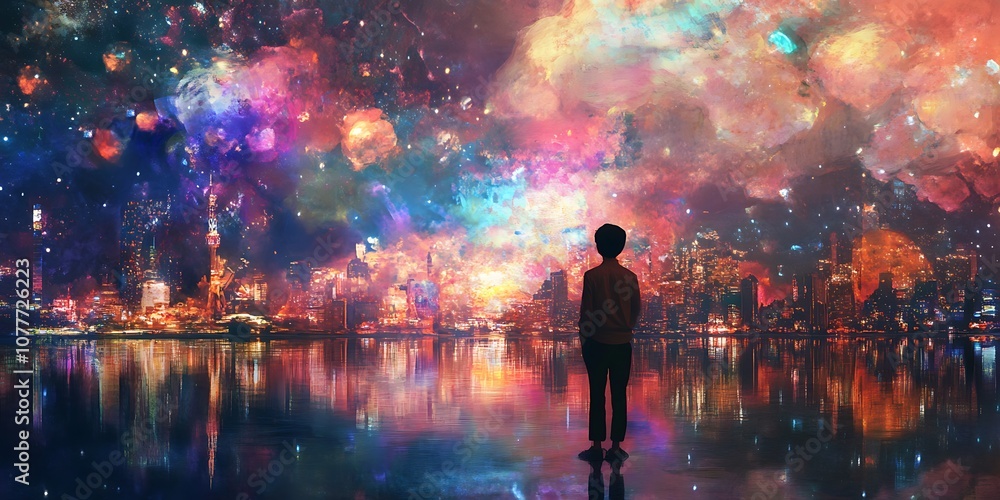 Silhouette of a Person Standing in Front of a Colorful Fantasy Cityscape with Fireworks Silhouette of a Person Standing in Front of a Colorful Fantasy Cityscape with Fireworks