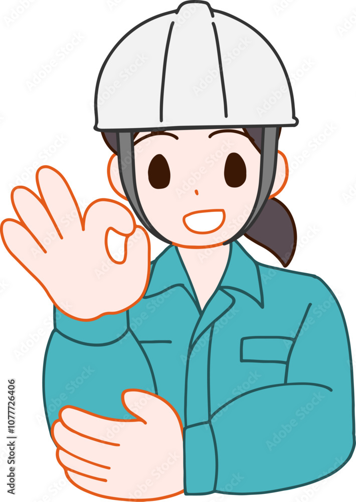 ヘルメットを被り、作業服を着たOKする笑顔のデフォルメ女性のイラスト ヘルメットを被り、作業服を着たOKする笑顔のデフォルメ女性のイラスト