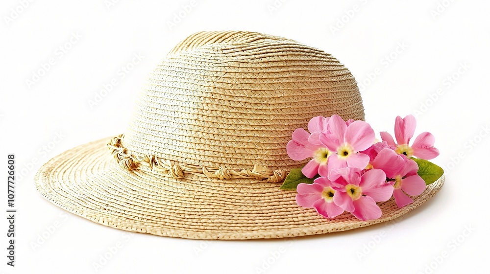 Summer Straw Hat with Pink Flowers Isolated on White Background Perfect for Seasonal Themes or Fashion Illustrations Summer Straw Hat with Pink Flowers Isolated on White Background Perfect for Seasonal Themes or Fashion Illustrations