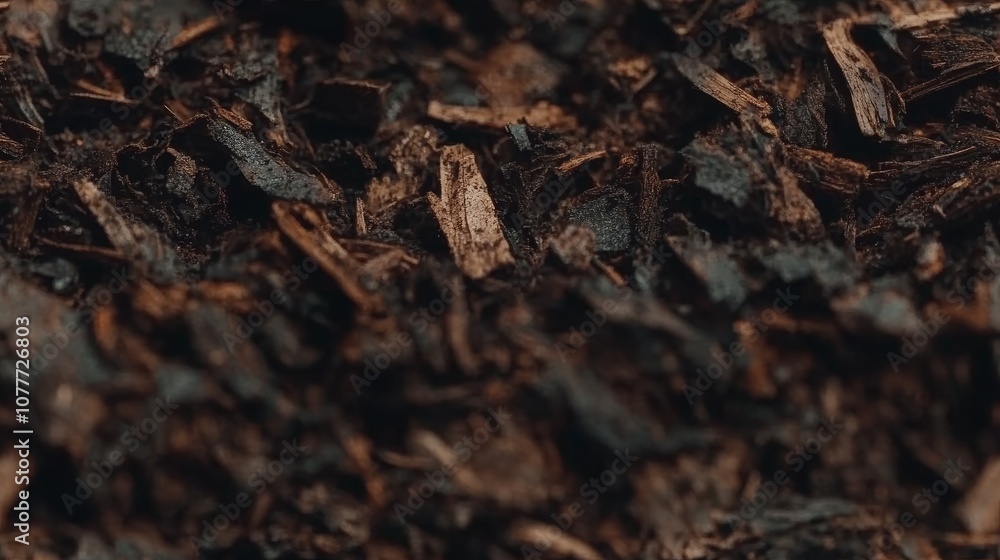 Fototapeta premium Photorealistic Extreme Close-up of Garden Mulch with Shredded Bark Texture, High Detail, and Natural Organic Composition for Gardening and Landscaping in 4K Resolution