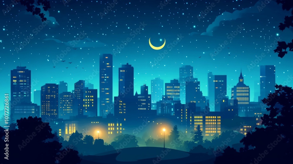 A night sky filled with stars above a city skyline. A night sky filled with stars above a city skyline.