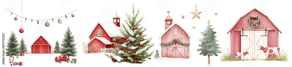 A collection of charming red houses decorated for winter, surrounded by snow-covered trees and festive elements. A collection of charming red houses decorated for winter, surrounded by snow-covered trees and festive elements.