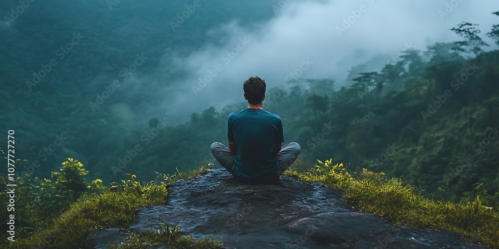 Man meditating on a cliff overlooking misty forest Man meditating on a cliff overlooking misty forest