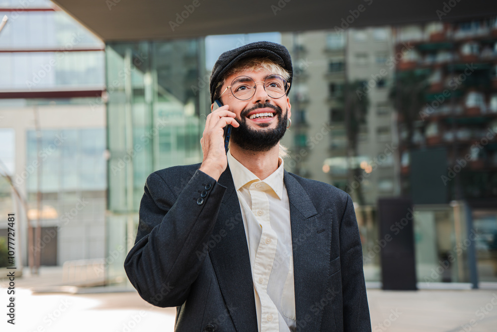 enthusiastic young bearded entrepreneur enjoying meaningful business conversation on his smartphone while standing outside corporate building, showcasing his confident and approachable demeanor during enthusiastic young bearded entrepreneur enjoying meaningful business conversation on his smartphone while standing outside corporate building, showcasing his confident and approachable demeanor during