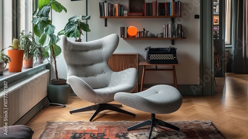 An Ottoman Danish-designed armchair in a cozy, contemporary, 60s-style living room with a wall shelf and a typewriter in the background, with an orange lamp on the hardwood floor. photo