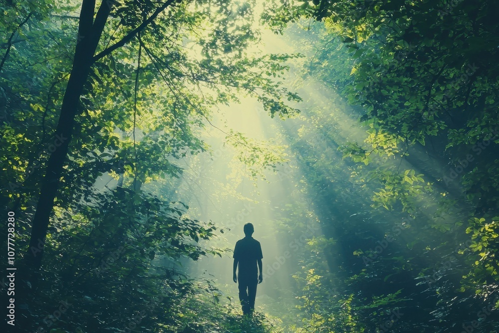 Person walking through a dreamlike forest with soft light filtering through the trees, with ample blank space for commercial text about nature, exploration, or relaxation Person walking through a dreamlike forest with soft light filtering through the trees, with ample blank space for commercial text about nature, exploration, or relaxation