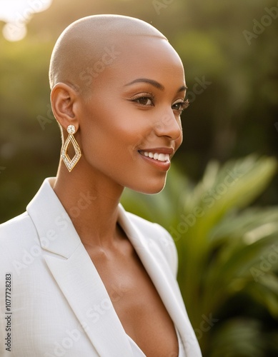 A woman with a shaved head, wearing a white blazer and diamond earrings, smiles at the camera against a blurred green background.