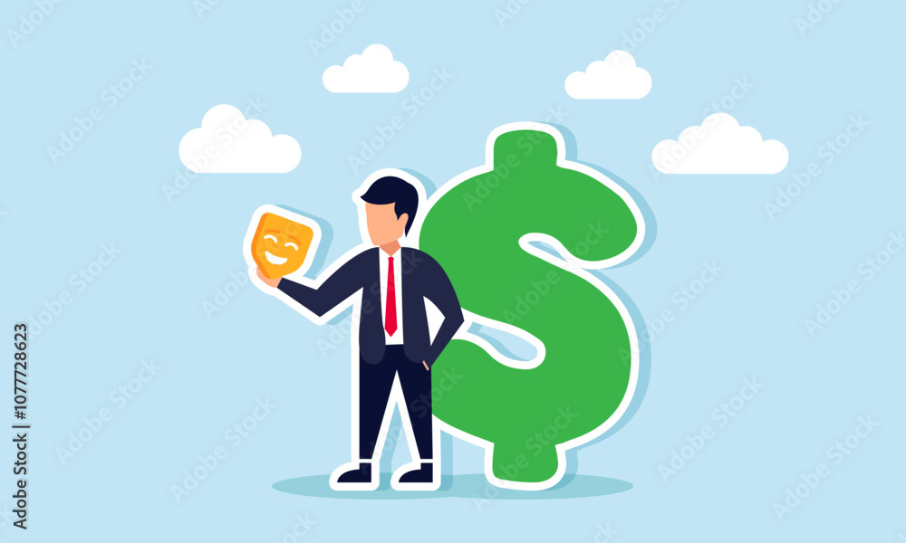 businessman holding a mask standing next to a dollar sign, illustration of tricks for achieving big business profits businessman holding a mask standing next to a dollar sign, illustration of tricks for achieving big business profits
