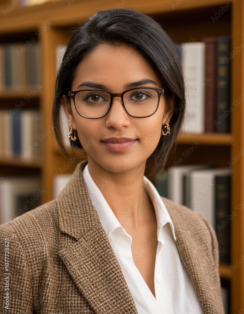 A woman in a brown tweed blazer and white blouse stands in front of a bookshelf, wearing glasses and smiling. A woman in a brown tweed blazer and white blouse stands in front of a bookshelf, wearing glasses and smiling.