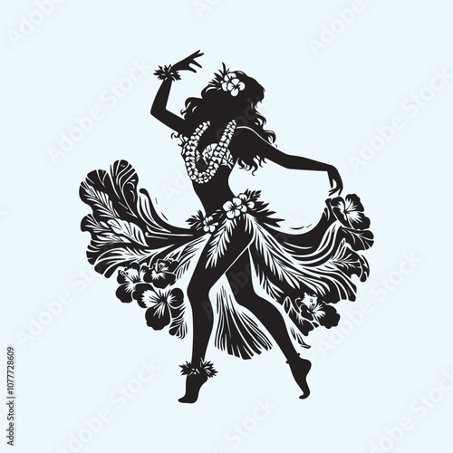 Beautiful Hawaiian young woman dancing vector  illustration, Beautiful Hawaiian young woman dancing silhouette vector black and white full body