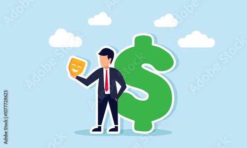 businessman holding a mask standing next to a dollar sign, illustration of tricks for achieving big business profits