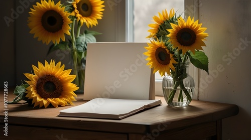 Bunch of sunflowers in a vase next to blank pieces of paper.generative.ai 