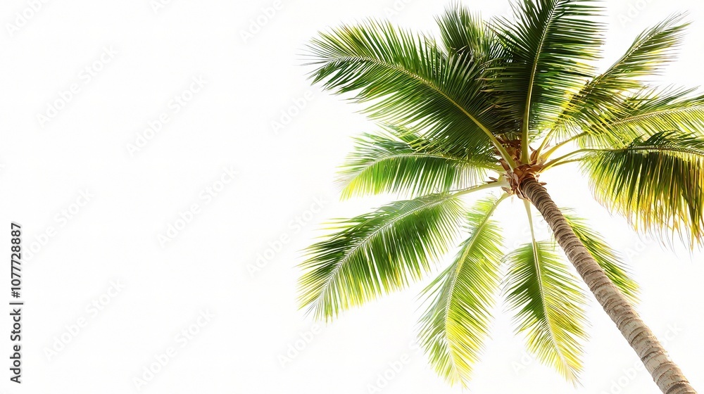 Fototapeta premium Isolated Tropical Palm Tree with Lush Green Leaves Against a Bright White Background, Perfect for Nature and Beach-Themed Designs and Projects
