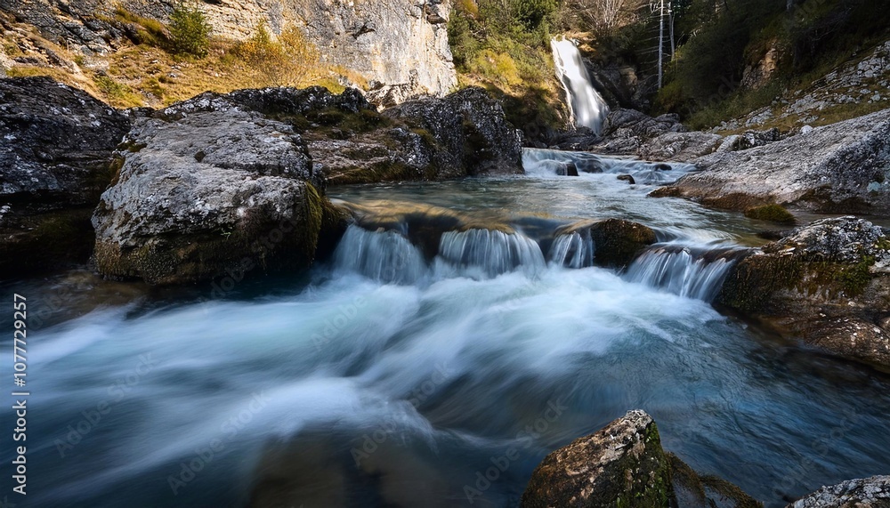 Clear Mountain Stream with Waterfall in Lush Forest Clear Mountain Stream with Waterfall in Lush Forest