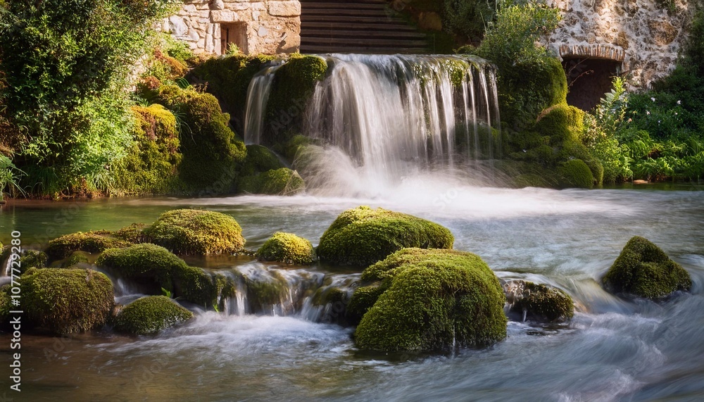 Moss-Covered Rocks and Stone Fountain in Resort Village Moss-Covered Rocks and Stone Fountain in Resort Village