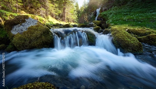 Clear Mountain Stream with Waterfall in Lush Forest
